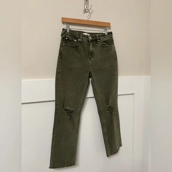 Cleo + Wolf Olive Green High-Waist Straight Crop Frayed Jeans Size 28/27 - Picture 4 of 10